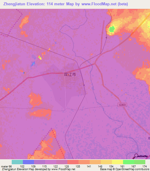 Zhengjiatun,China Elevation Map