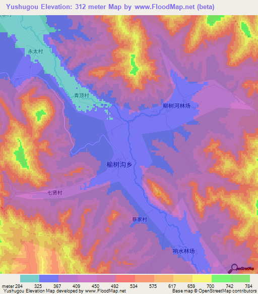 Yushugou,China Elevation Map