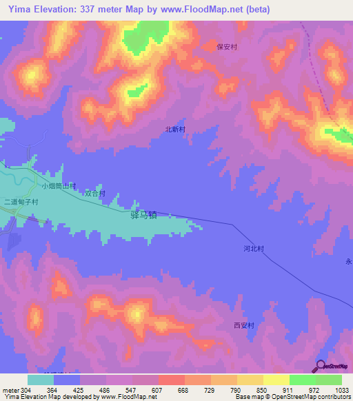 Yima,China Elevation Map