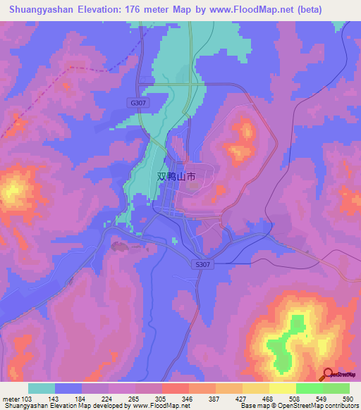 Shuangyashan,China Elevation Map