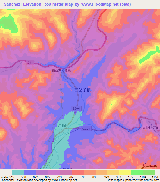 Sanchazi,China Elevation Map