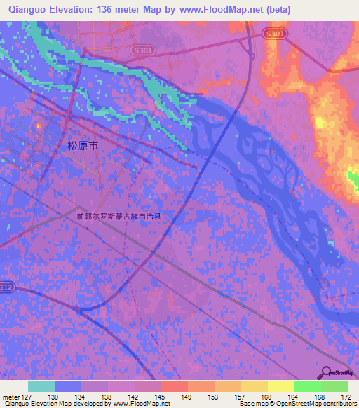 Qianguo,China Elevation Map