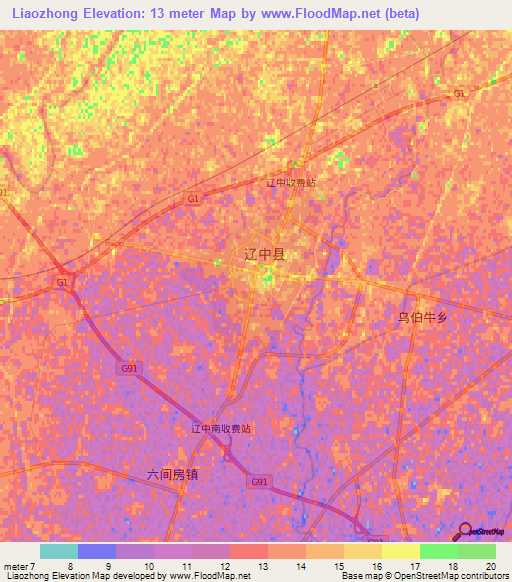 Liaozhong,China Elevation Map