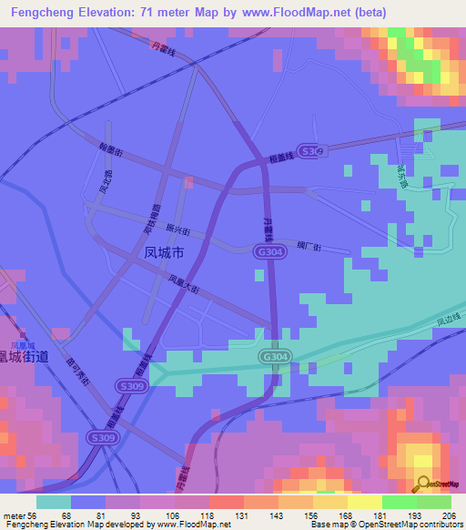 Fengcheng,China Elevation Map
