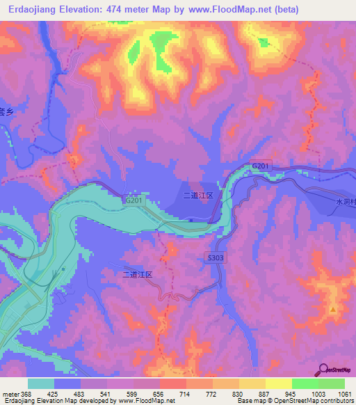 Erdaojiang,China Elevation Map