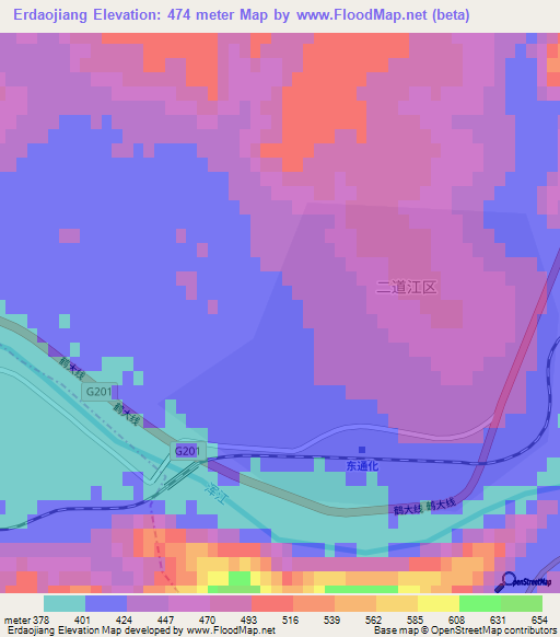 Erdaojiang,China Elevation Map