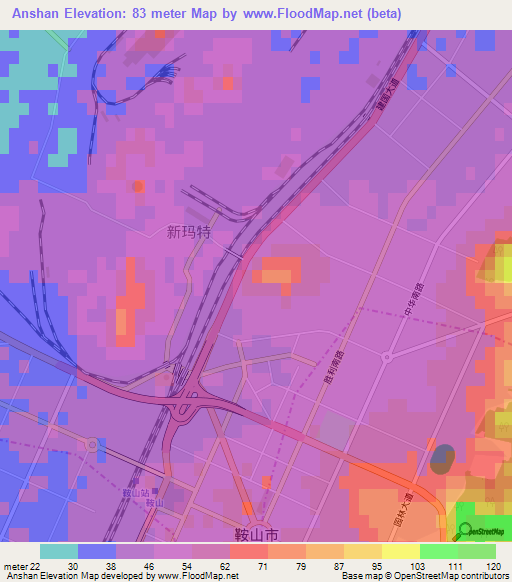 Anshan,China Elevation Map