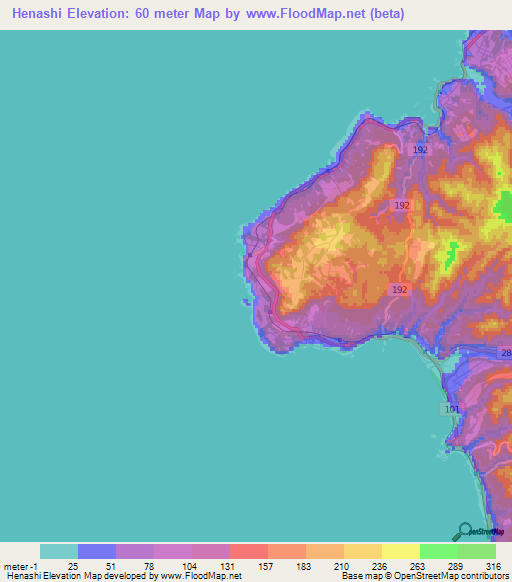 Henashi,Japan Elevation Map