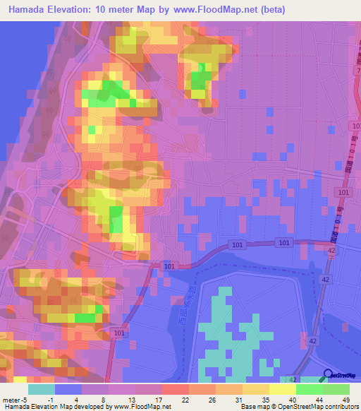 Hamada,Japan Elevation Map