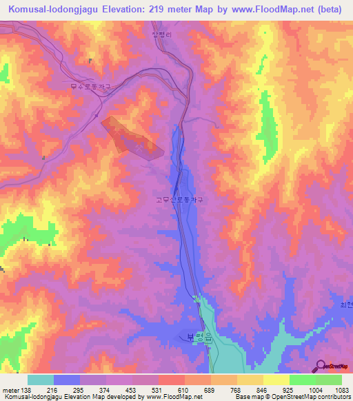 Komusal-lodongjagu,North Korea Elevation Map