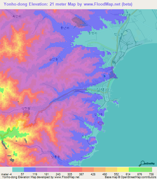 Yonho-dong,North Korea Elevation Map