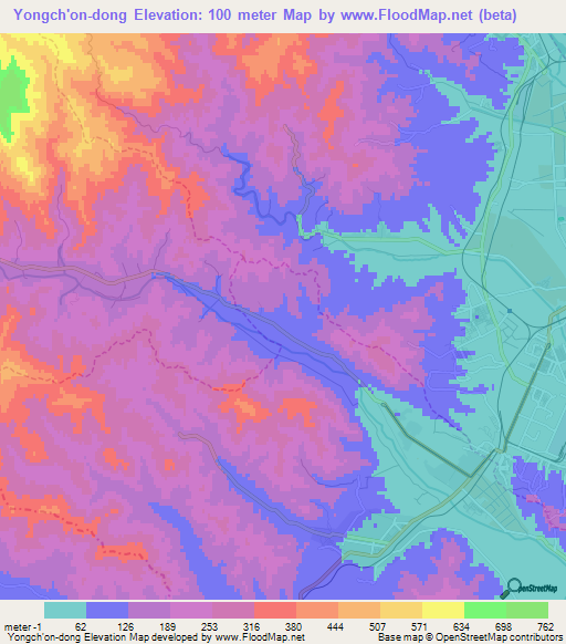 Yongch'on-dong,North Korea Elevation Map