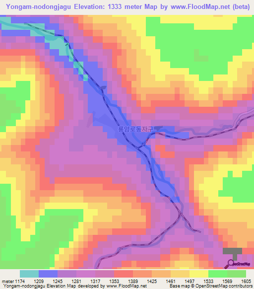 Yongam-nodongjagu,North Korea Elevation Map