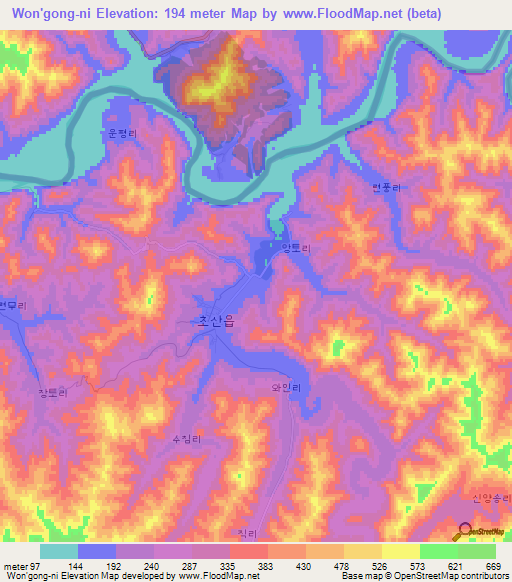 Won'gong-ni,North Korea Elevation Map
