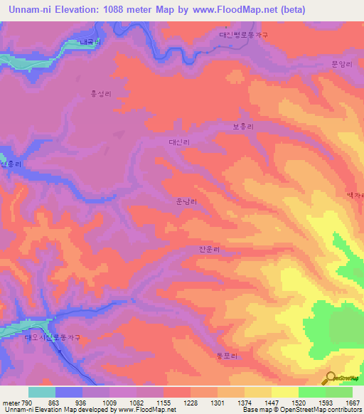 Unnam-ni,North Korea Elevation Map