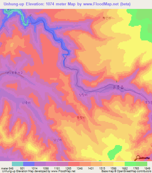 Unhung-up,North Korea Elevation Map
