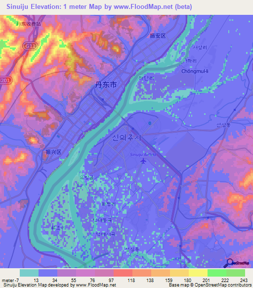 Sinuiju,North Korea Elevation Map