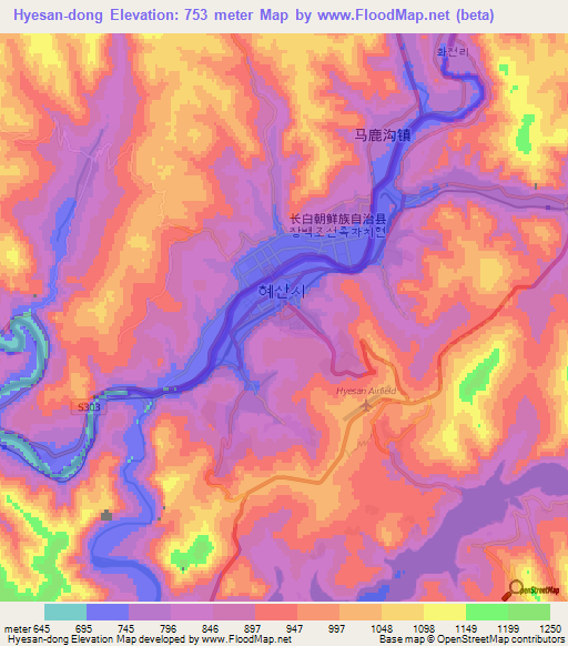 Hyesan-dong,North Korea Elevation Map