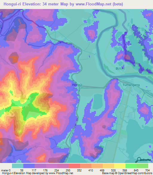 Hongui-ri,North Korea Elevation Map