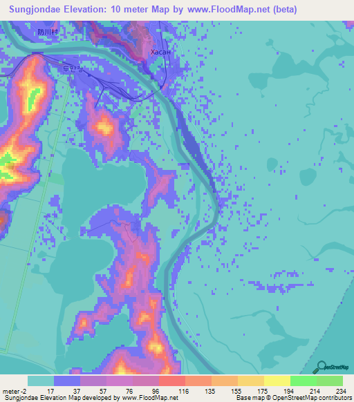 Sungjondae,North Korea Elevation Map