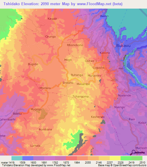 Tshidako,Congo (Kinshasa) Elevation Map
