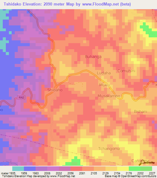 Tshidako,Congo (Kinshasa) Elevation Map