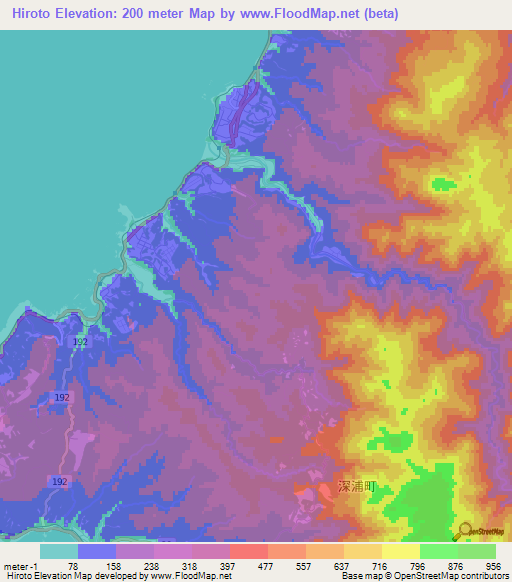 Hiroto,Japan Elevation Map