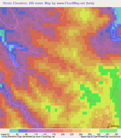 Hiroto,Japan Elevation Map