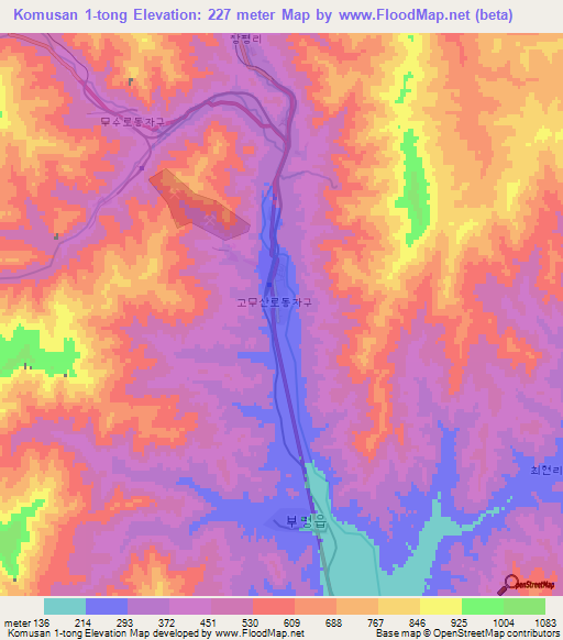 Komusan 1-tong,North Korea Elevation Map