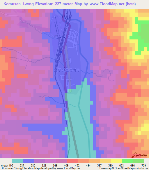 Komusan 1-tong,North Korea Elevation Map