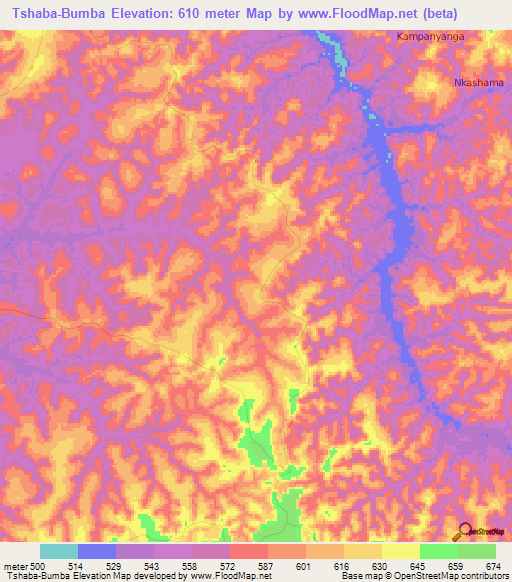 Tshaba-Bumba,Congo (Kinshasa) Elevation Map