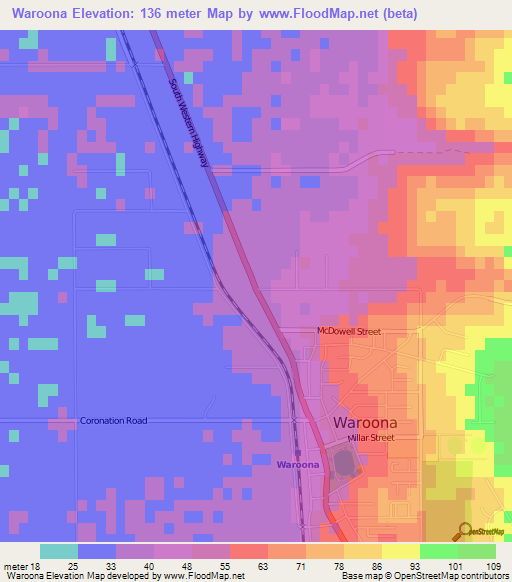 Waroona,Australia Elevation Map