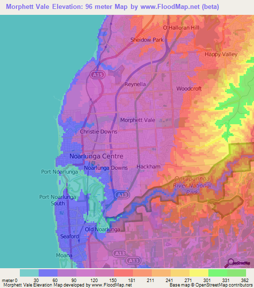 Morphett Vale,Australia Elevation Map