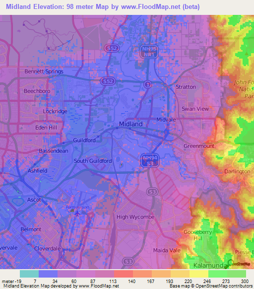 Midland,Australia Elevation Map