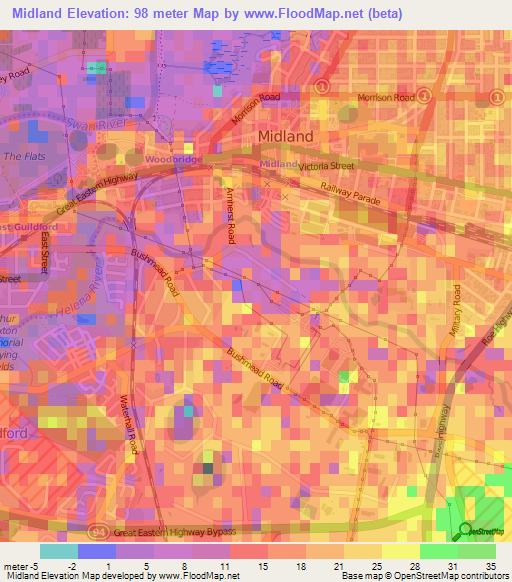 Midland,Australia Elevation Map