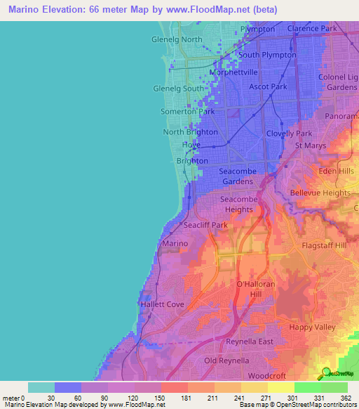Marino,Australia Elevation Map