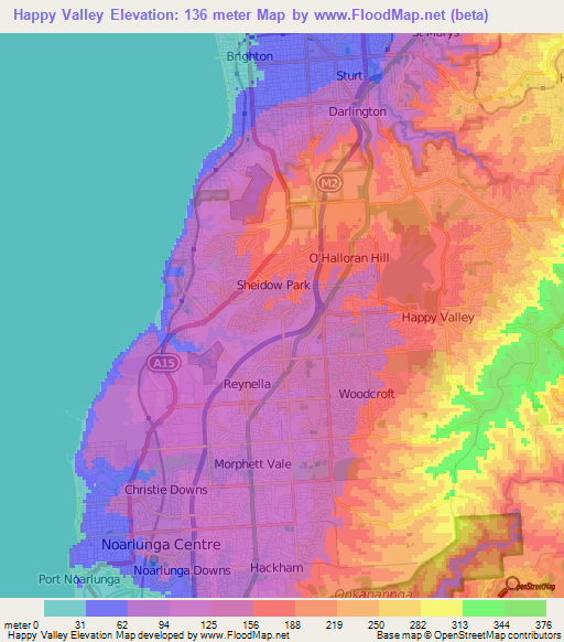 Happy Valley,Australia Elevation Map