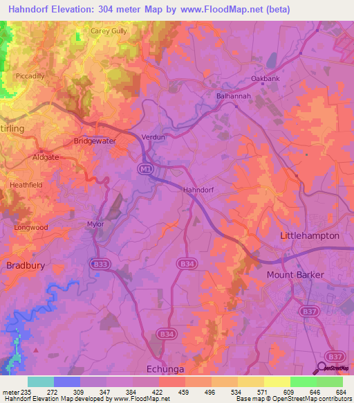 Hahndorf,Australia Elevation Map