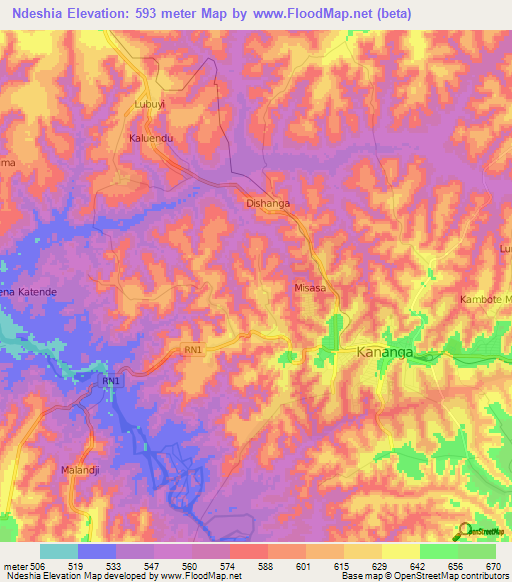 Ndeshia,Congo (Kinshasa) Elevation Map