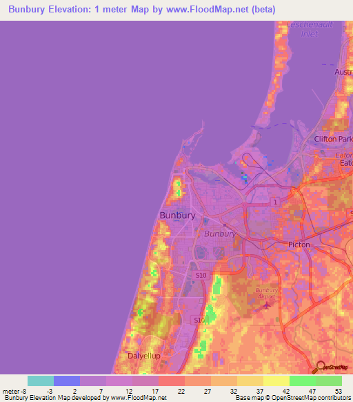 Bunbury,Australia Elevation Map