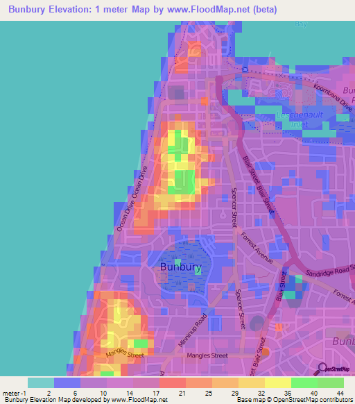 Bunbury,Australia Elevation Map