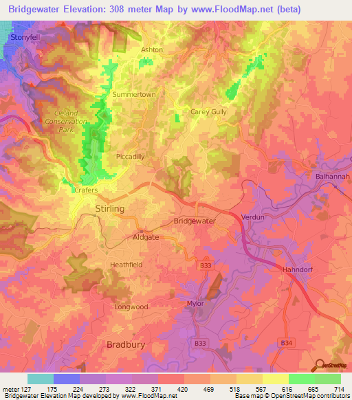 Bridgewater,Australia Elevation Map