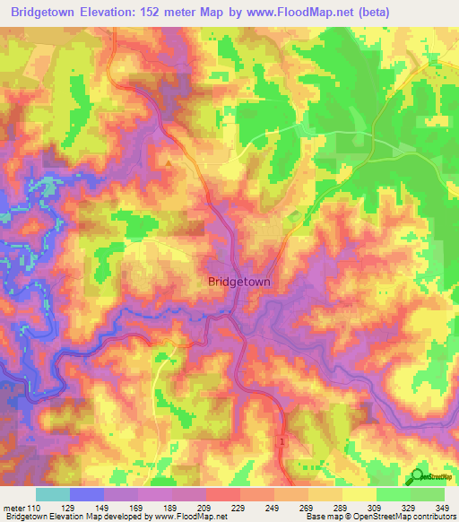 Bridgetown,Australia Elevation Map