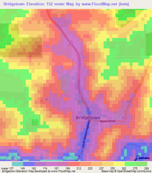 Bridgetown,Australia Elevation Map