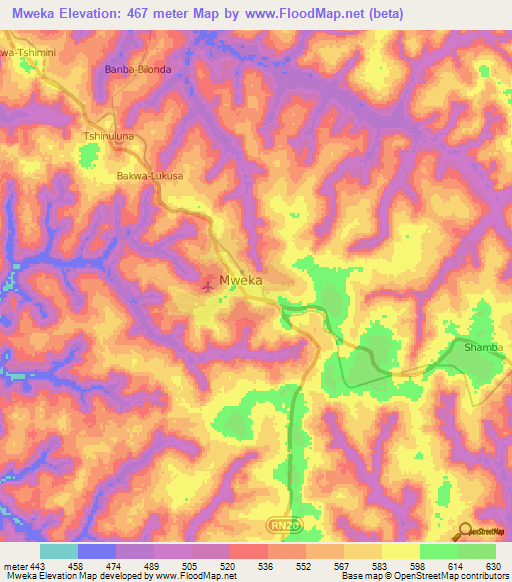 Mweka,Congo (Kinshasa) Elevation Map