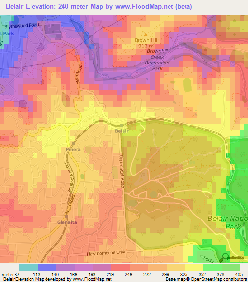 Belair,Australia Elevation Map