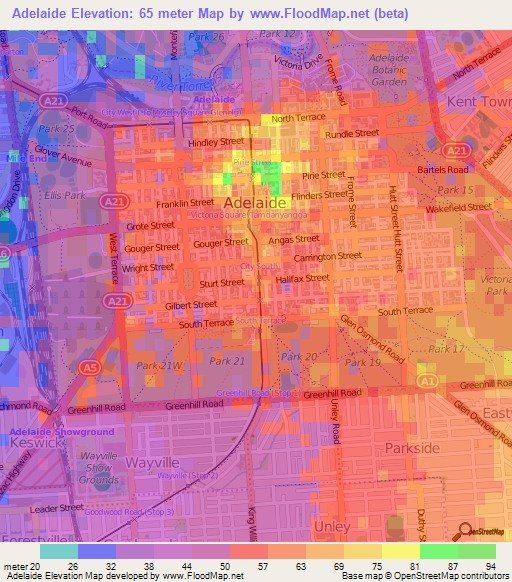 Adelaide,Australia Elevation Map
