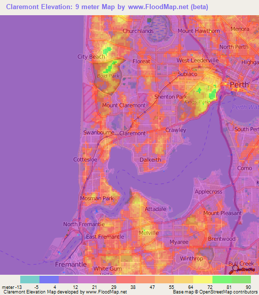 Claremont,Australia Elevation Map