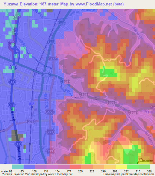 Yuzawa,Japan Elevation Map