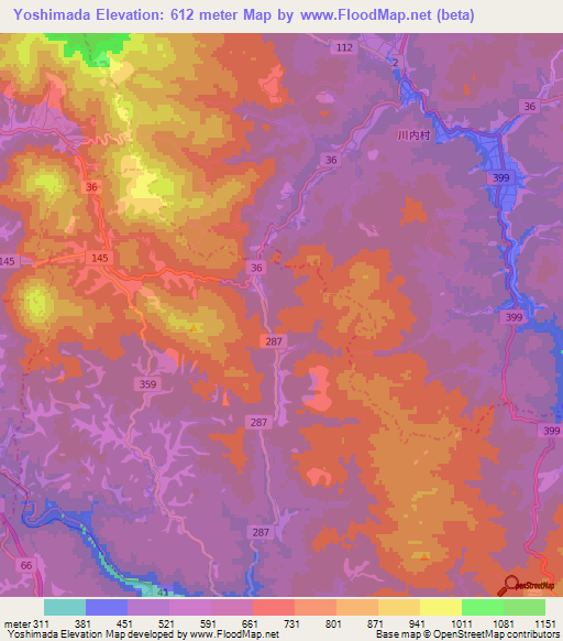 Yoshimada,Japan Elevation Map